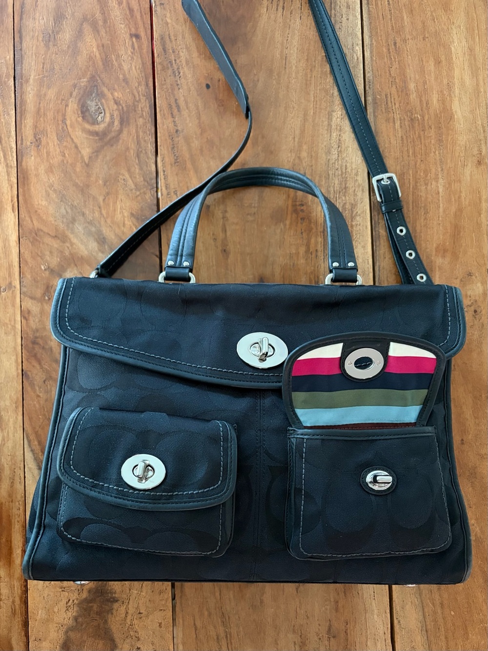 Coach Y2K Hamptons Signature Business Bag Legacy Striped Turnlock Black Bag